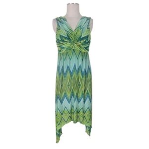 Chicos Dress Size 1 M 8 Green Blue Chevron Handkerchief Hem Sleeveless Knotted